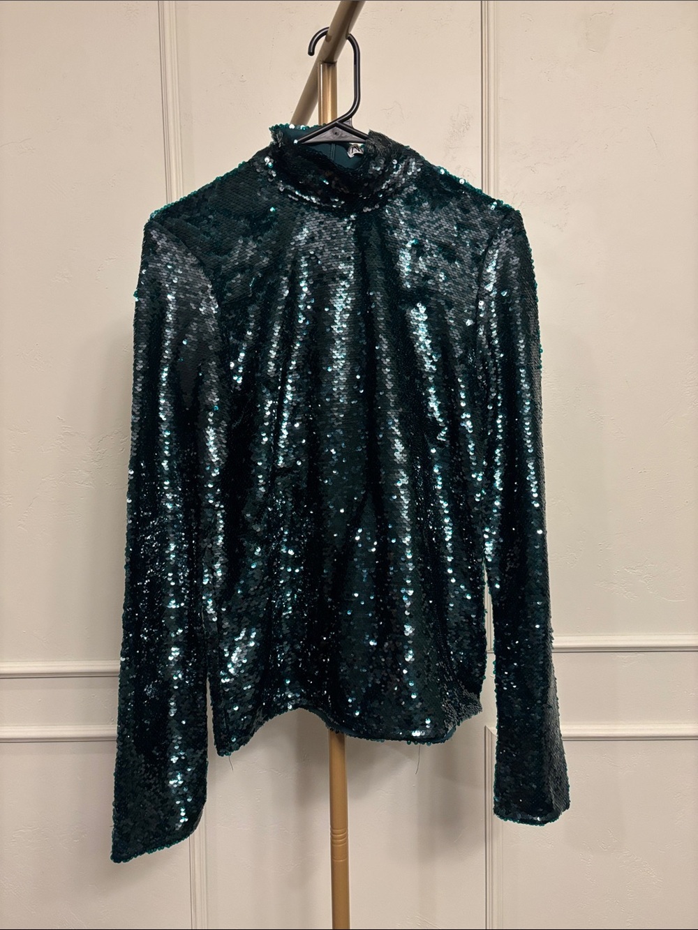 Zara Sequin Mock Neck Long-Sleeve Chappell Roan Concert Top - Dark Teal XS NWOT